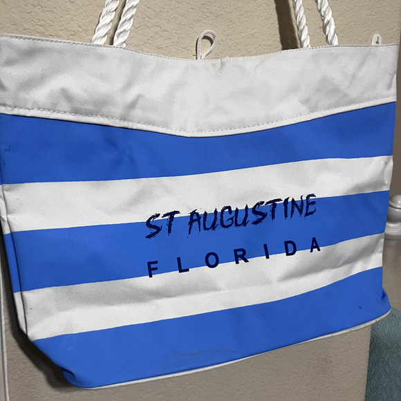 St. Augustine Florida Blue White Striped Beach Bag tote Large Canvas zipper - Picture 2 of 7